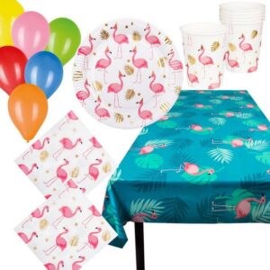 Karneval-Klamotten Einweggeschirr-Set Flamingo Deko Party Set 41 Teile mit Ballons, Partygeschirr Pappteller Pappbecher Servietten