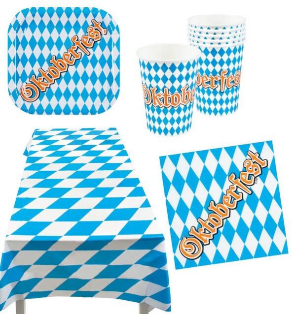 Karneval-Klamotten Einweggeschirr-Set Party Set Bayern Oktoberfest blau-weiß 25 Teile, Partygeschirr Pappteller Pappbecher Servietten