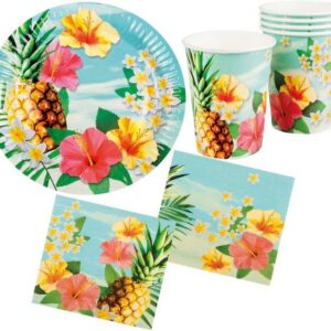 Karneval-Klamotten Einweggeschirr-Set Party Set Hawaii Blume Hibiskus 24 Teile, Partygeschirr Pappteller Pappbecher Servietten