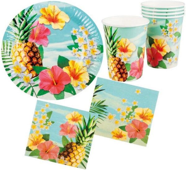 Karneval-Klamotten Einweggeschirr-Set Party Set Hawaii Blume Hibiskus 24 Teile, Partygeschirr Pappteller Pappbecher Servietten