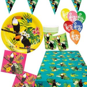 Karneval-Klamotten Einweggeschirr-Set Party Set Hawaii Tukan 25 Tlg Wimplekette Ballons, Partygeschirr Pappteller Pappbecher Servietten