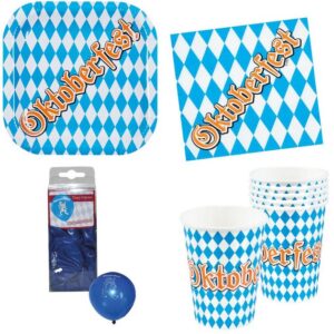 Karneval-Klamotten Einweggeschirr-Set Party Set XXL Bayern Oktoberfest blau-weiß 36 Tlg, Partygeschirr Pappteller Pappbecher Servietten