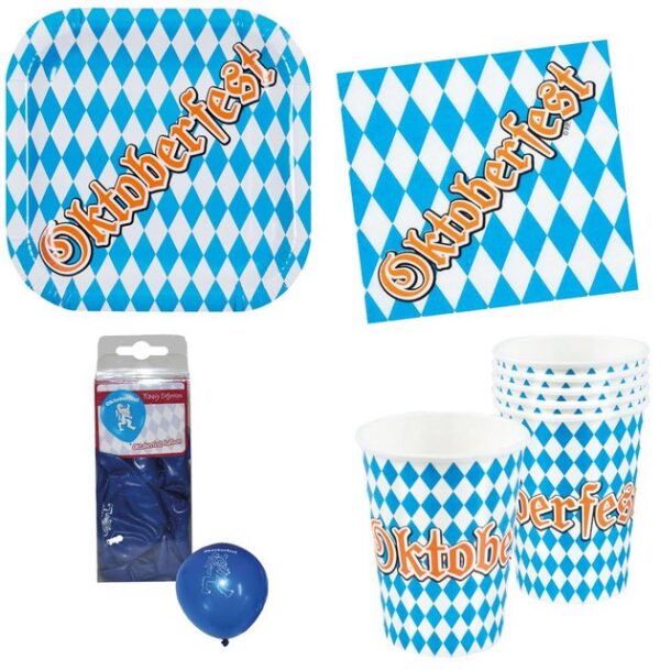 Karneval-Klamotten Einweggeschirr-Set Party Set XXL Bayern Oktoberfest blau-weiß 36 Tlg, Partygeschirr Pappteller Pappbecher Servietten