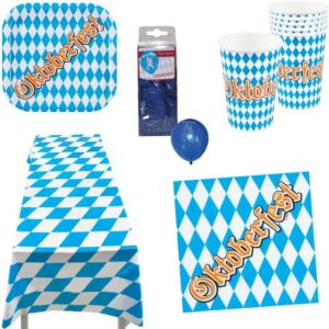 Karneval-Klamotten Einweggeschirr-Set Party Set XXL Bayern Oktoberfest blau-weiß 37 Tlg, Partygeschirr Pappteller Pappbecher Servietten