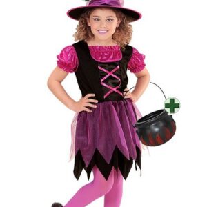 Karneval-Klamotten Hexen-Kostüm Zauberhaftes Hexenkleid mit Hexenhut Hexenkessel, Kinderkostüm Mädchenkostüm Halloween Kleid, Hut und Hexenkessel