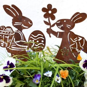 LB H&F Lilienburg Gartenfigur 2er SET Gartendeko Gartendekoration Gartenfigur Dekofigur Hase, Osterhase Osterfigur Osterstecker Figur Geschenk Ostern Frühling COMIC