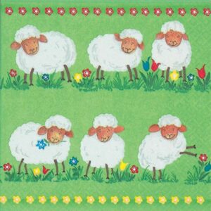Linoows Papierserviette 20 Servietten, Ostern, Lustige Schafe auf blühender Wiese, Motiv Ostern, Lustige Schafe auf blühender Wiese