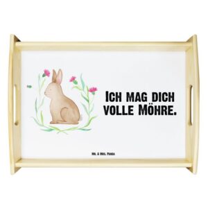 Mr. & Mrs. Panda Tablett Hase sitzend - Weiß - Geschenk, Tablett, Frühstückstablett, Ostern, D, Echtholz lasiert, (1-tlg)