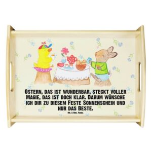 Mr. & Mrs. Panda Tablett Ostern Frühstück - Blumig - Geschenk, Frühlingsgefühle, Dekotablett, Echtholz lasiert, (1-tlg)