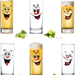 PLATINUX Bierglas Hohe Biergläser, Glas, 300ml (max 335ml) Set 6 Teilig mit lustigen Gesichtern Kölschglas Bierstangen Karneval