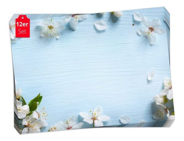 Platzset, Tischset Frühling, Ostern & Blumen - Apfelblüten auf blauem Holz, Tischsetmacher, (aus Naturpapier in Aufbewahrungsmappe für tolles Ambiente, 12-St., 44 x 32 cm / blau-weiß), Tischdeko Made in Germany