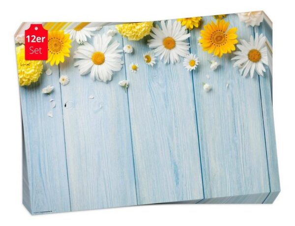 Platzset, Tischset Frühling, Ostern & Blumen - Blumen auf Holztisch, Tischsetmacher, (aus Naturpapier in Aufbewahrungsmappe für Feiern, 12-St., 44 x 32 cm / blau-gelb), Tischdeko Made in Germany