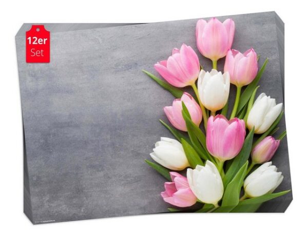 Platzset, Tischset Frühling, Ostern & Blumen - Rosa und weiße Tulpen, Tischsetmacher, (aus Naturpapier in Aufbewahrungsmappe, 12-St., 44 x 32 cm / rosa-weiß), Made in Germany