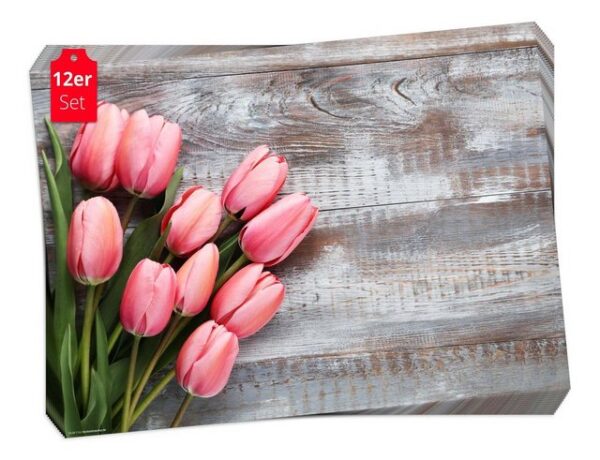 Platzset, Tischset Frühling, Ostern & Blumen - Rosarote Tulpen, Tischsetmacher, (aus Naturpapier in Aufbewahrungsmappe für tolles Ambiente, 12-St., 44 x 32 cm / rosa), Tischdeko Made in Germany