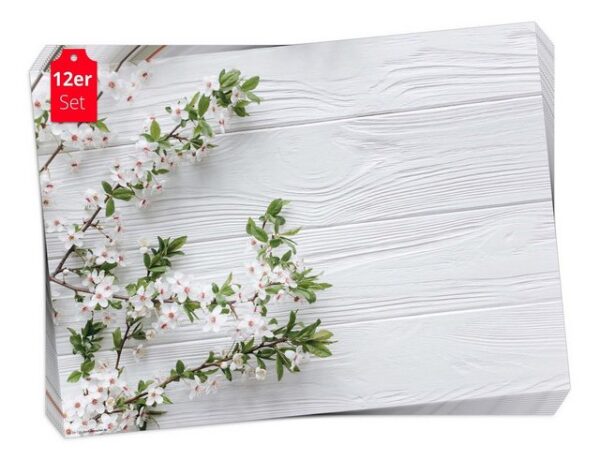 Platzset, Tischset Frühling, Ostern & Blumen - Weiße Blüten auf weißem Holz, Tischsetmacher, (aus Naturpapier in Aufbewahrungsmappe, 12-St., 44 x 32 cm / weiß), Made in Germany