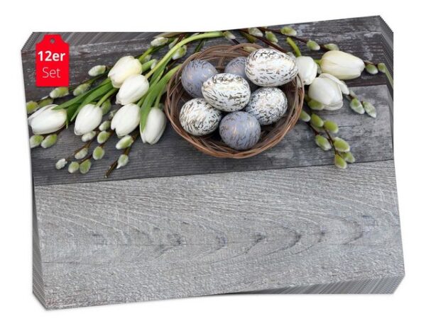 Platzset, Tischset Frühling, Ostern & Blumen - Weiße Tulpen mit Ostereiern, Tischsetmacher, (aus Naturpapier in Aufbewahrungsmappe, 12-St., 44 x 32 cm / weiß-grau), Made in Germany