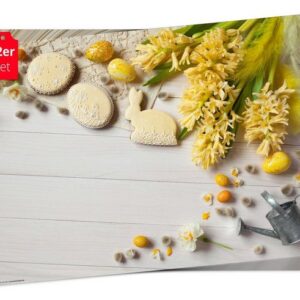 Platzset, Tischset Frühling, Ostern und Blumen - Osterdeko auf weißem Tisch, Tischsetmacher, (aus Naturpapier in Aufbewahrungsmappe, 12-St., 44 x 32 cm / gelb-weiß), Made in Germany