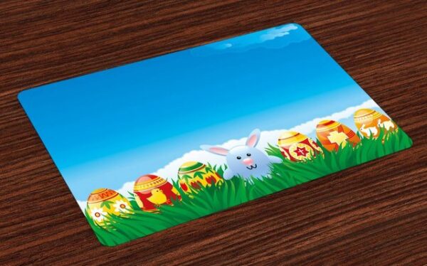 Platzset, Waschbare Stoff Esszimmer Küche Tischdekorations Digitaldruck, Abakuhaus, (4-teilig, 4 Teilig-St., Set aus 4x), Osterhase Cartoon Ostern Kaninchen