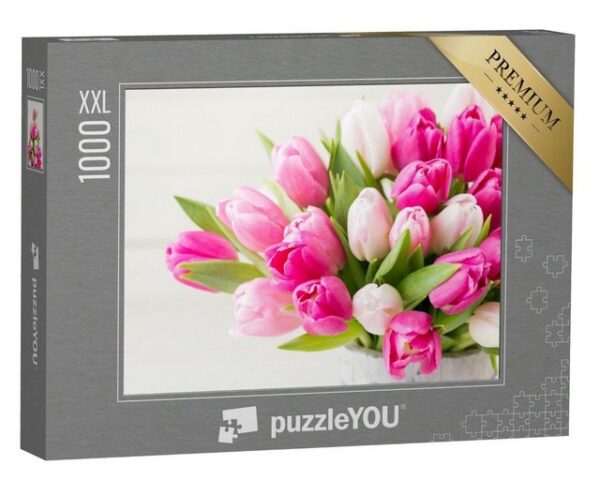 puzzleYOU Puzzle Ostern: rosa Tulpen vor weißem Hintergrund, 1000 Puzzleteile, puzzleYOU-Kollektionen Tulpen, Blumen
