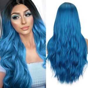 AFAZ New Trading UG Kostüm-Perücke Perücke Blau Lang für Frauen Ombre blue Perücken Wellige Locken, Cosplay Perücke Synthetische für Halloween Party Karneval