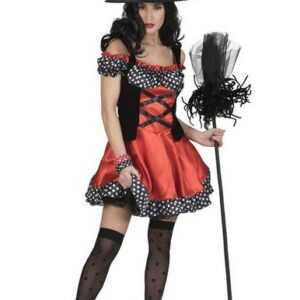 Karneval-Klamotten Hexen-Kostüm Damen kurzes schwarz rotes Hexenkleid mit Punkten, Damenkostüm Frauenkostüm Hexe Halloween Kleid