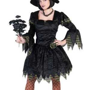 Karneval-Klamotten Hexen-Kostüm Schwarz grüne Hexe Hexenkleid Damen MIT Hexenhut, Frauenkostüm Halloween schwarz grün