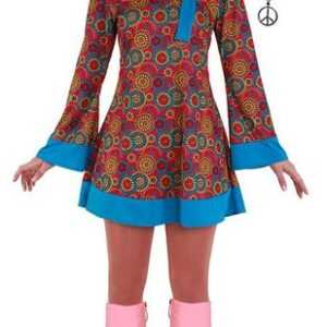 Karneval-Klamotten Hippie-Kostüm Damenkostüm Flower Power mit Peace Kette, Kleid türkis-bunt, V-Ausschnitt, mit Haarband und Halskette