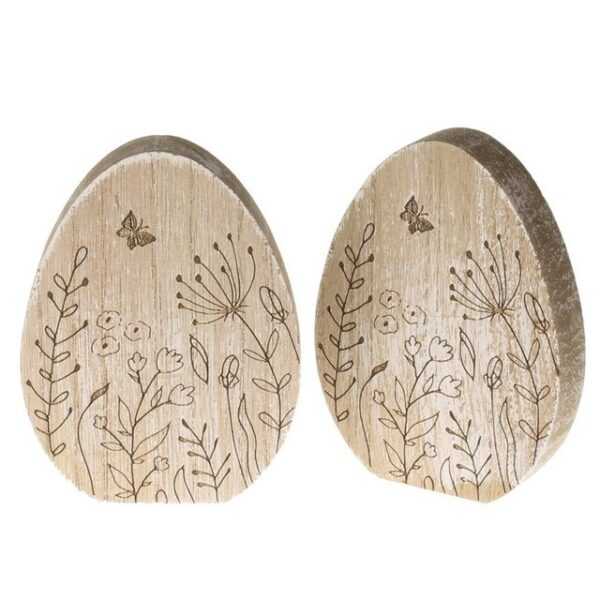 Macosa Home Osterei 2er Set Dekoei Holz 12 cm Osterei Braun Osterdeko Holzei Holzosterei (Deko-Figur Ostern Osterdekoration modern), florales Muster Holzosterei Oster-Dekoration Tischdeko