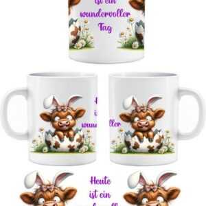 Wandtattoodesign Tasse Becher mit Druck Baby Kuh Galloway Rind Lustiges Motiv zu Ostern, mit lustigem Druck