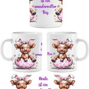 Wandtattoodesign Tasse Tasse mit lustigem Druck Babykuh auf Osterei zu Ostern Gallowayrind, mit lustigem Kuhmotiv Sublimationsdruck