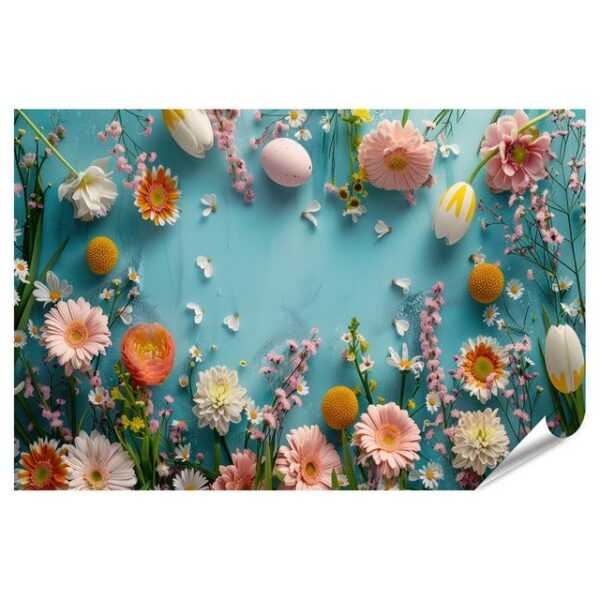 islandburner Poster Ostern-Hintergrundbild mit prächtigen Frühlingsblumen und bunten Oster