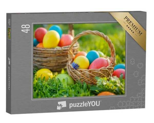 puzzleYOU Puzzle Frohe Ostern! Bunte Ostereier in Körbchen, 48 Puzzleteile, puzzleYOU-Kollektionen Festtage