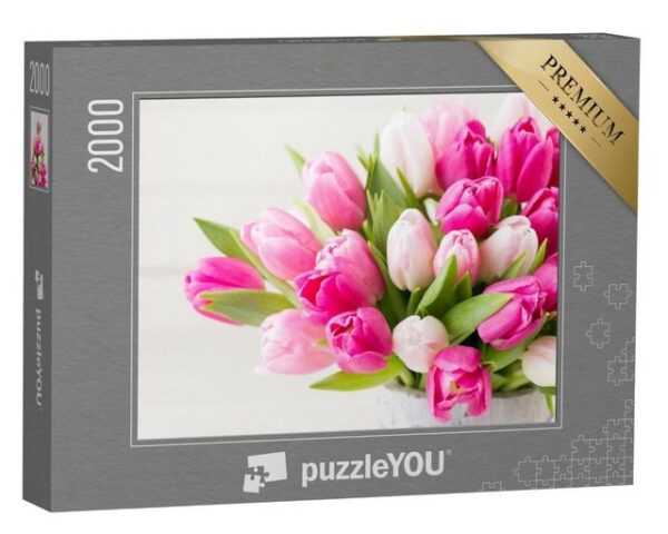 puzzleYOU Puzzle Ostern: rosa Tulpen vor weißem Hintergrund, 2000 Puzzleteile, puzzleYOU-Kollektionen Tulpen, Blumen