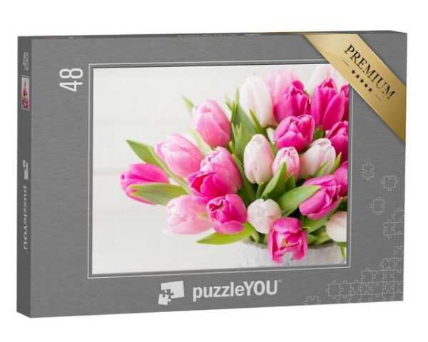 puzzleYOU Puzzle Ostern: rosa Tulpen vor weißem Hintergrund, 48 Puzzleteile, puzzleYOU-Kollektionen Tulpen, Blumen